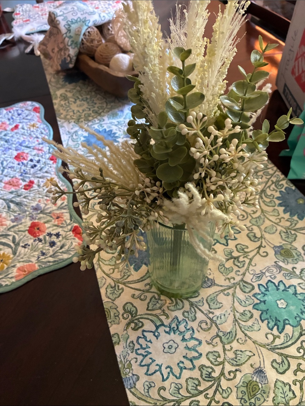 Green Ribbed Glass Vase with White & Green Faux Floral Accent